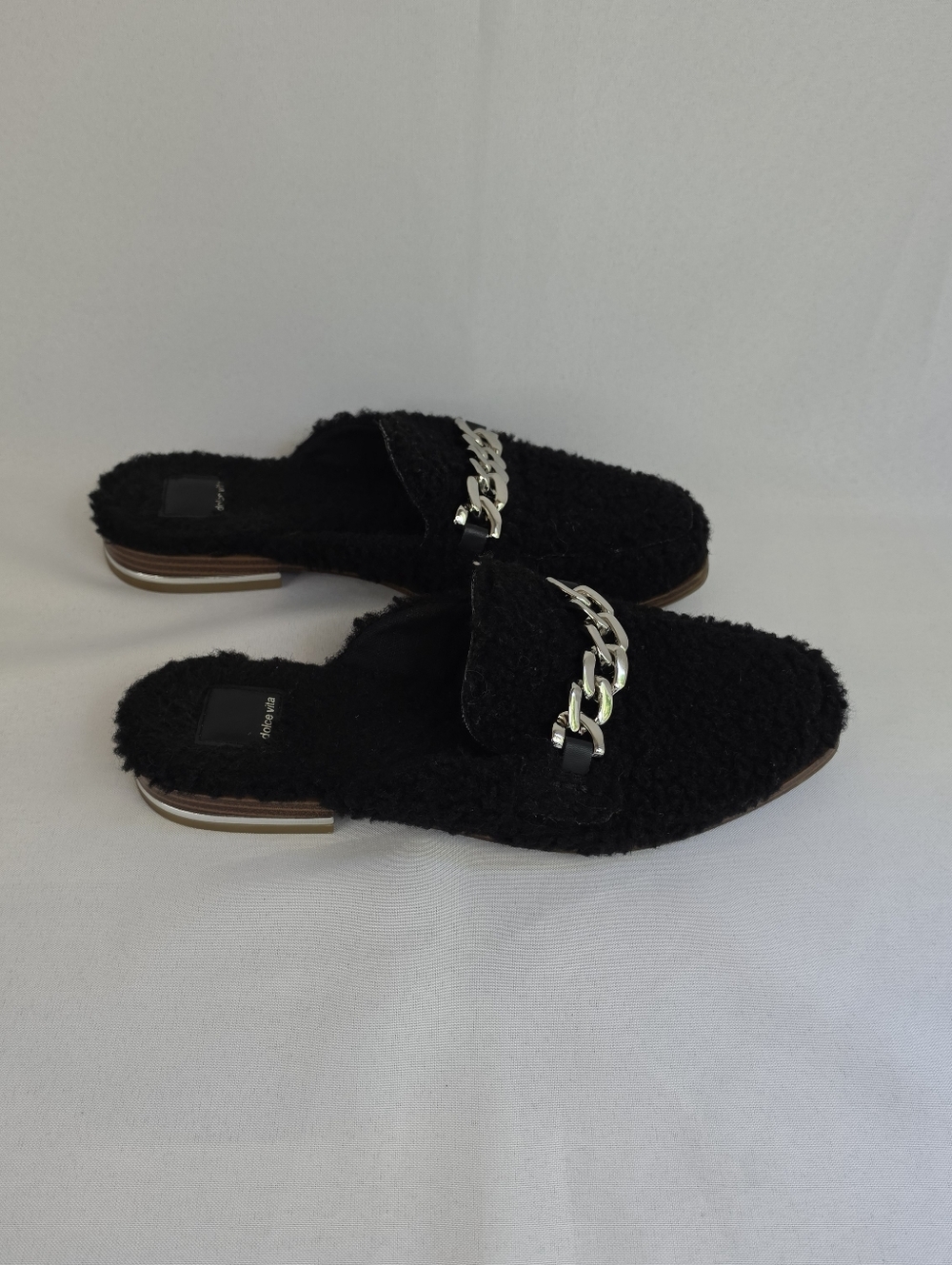 Dolce Vita Pela Black Faux Shearling Mules Silver Chain Strap Shoes Size 8